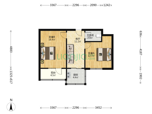 90中学家属院 2室1厅1卫 60平方