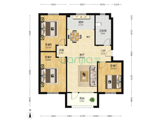 梅山幸福里 3室1厅1卫 107平方