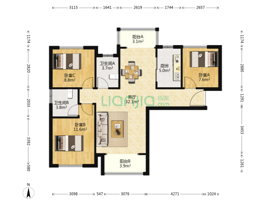 卓越蔚蓝城邦 3室1厅2卫 108平方