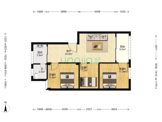 玫瑰路16号 3室1厅1卫 83平方