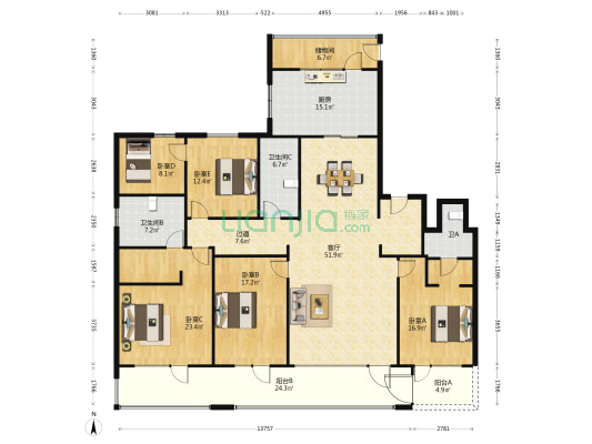 海玥花园A区 5室1厅3卫 237平方