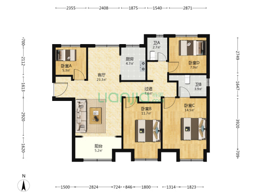 河滨天境雅苑 4室1厅2卫 124平方