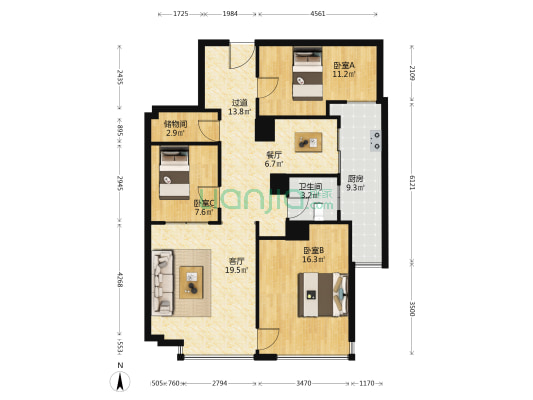 徽商国际大厦 3室2厅1卫 122平方