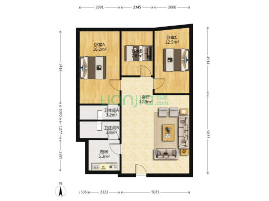 骏业楼 3室1厅2卫 121平方