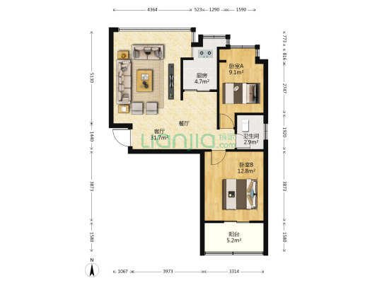 廉租安置房小区 2室1厅1卫 68平方