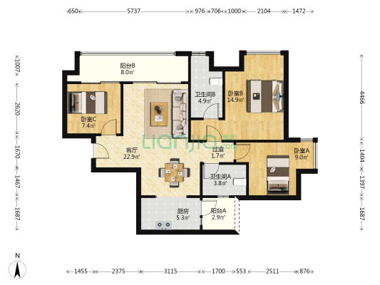 朗基水印三生香屿 3室1厅2卫 95平方