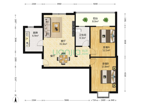 晟蓝花园 2室1厅1卫 94平方