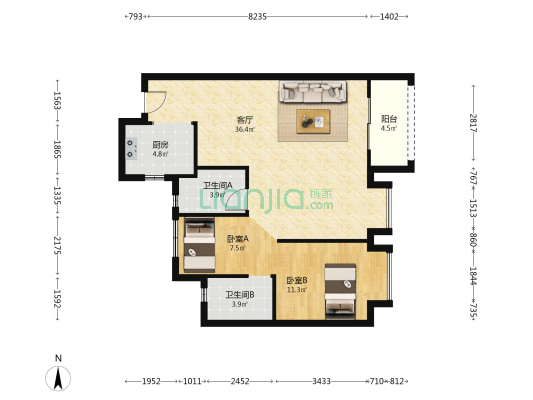 金地长江艺境 2室1厅2卫 95平方