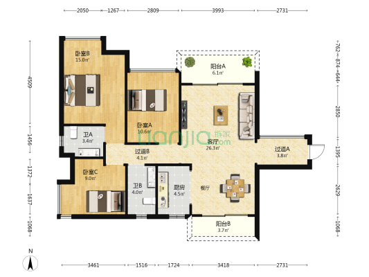 康域城品花园 3室1厅2卫 104平方
