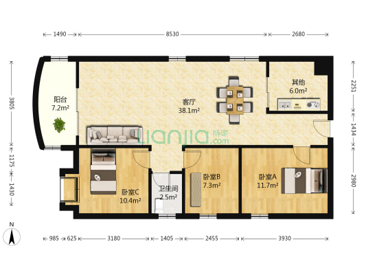 临湖雅居 3室1厅1卫 104平方