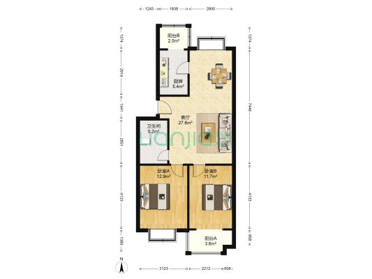 虎山花苑D区 2室1厅1卫 84平方