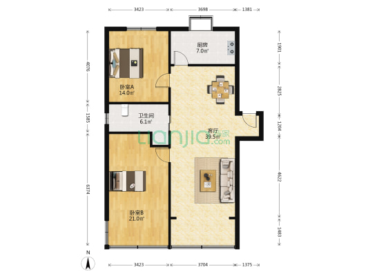 正义路8附1号 2室1厅1卫 107平方
