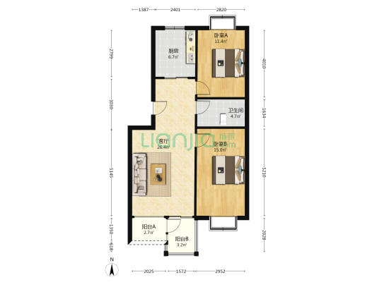 此房满二，南北通透两居室，房本在手随时过户-户型图