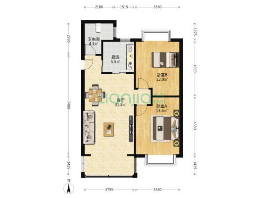 大院人家 2室1厅1卫 80平方