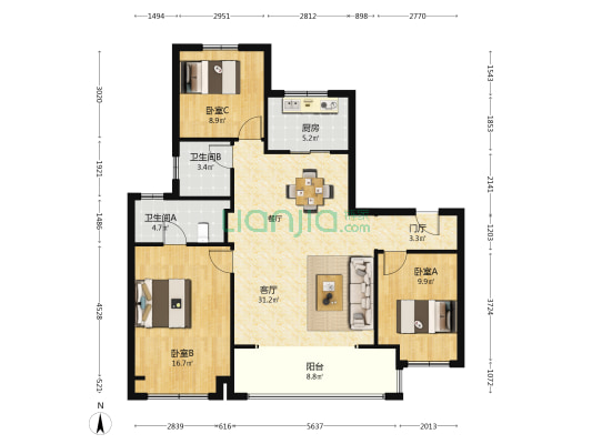 晴翠四季 3室1厅2卫 136平方