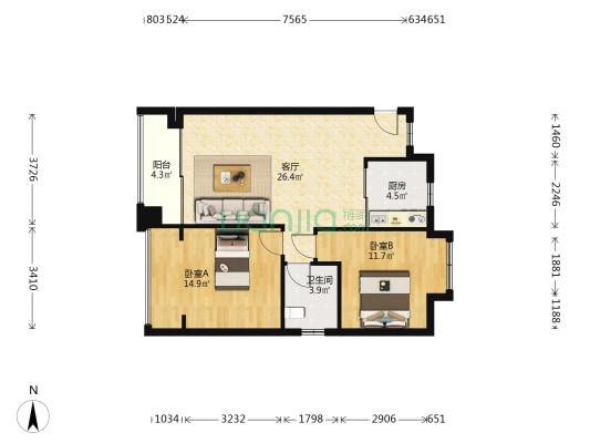 旌城阳光 2室1厅1卫 80平方