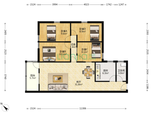 田间苑小区 4室1厅1卫 99平方