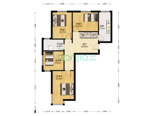 南岭新城一期 4室1厅1卫 90平方
