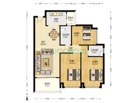 佰家益幸福园 3室1厅2卫 111平方