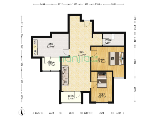 义佳花园 2室1厅1卫 109平方