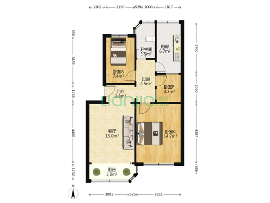 爱华大院 3室1厅1卫 76平方