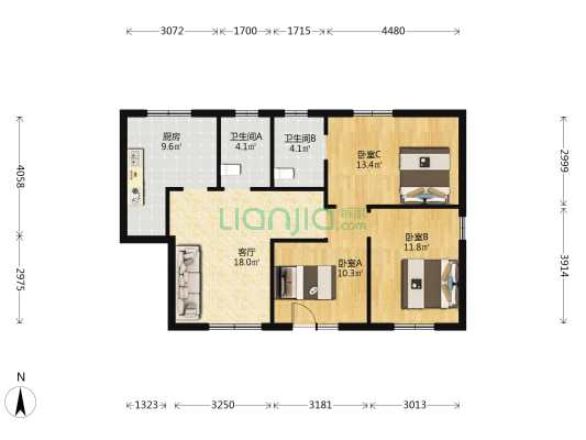 翡翠花园 3室1厅2卫 93平方