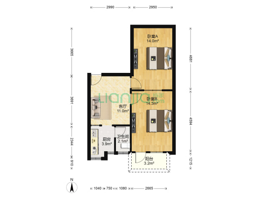 鸭子塘 2室1厅1卫 60平方