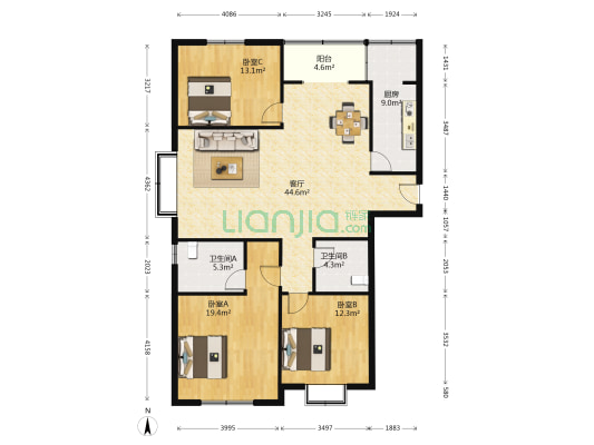 彩虹湾 3室1厅2卫 153平方