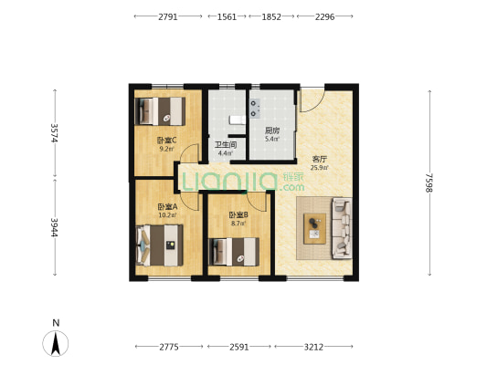 中海天钻 3室1厅1卫 88平方