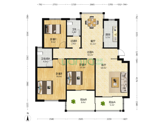 翠堤紫府 3室2厅2卫 121平方