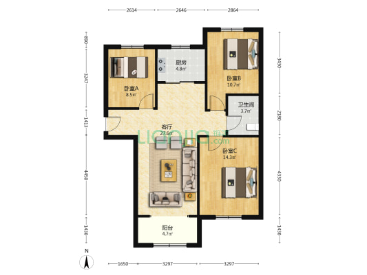 南北向3居 户型方正 全天采光，自住装修-户型图