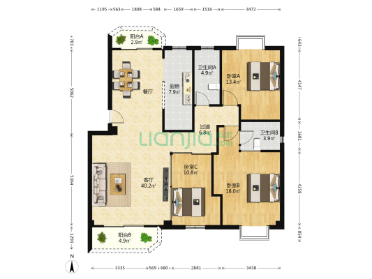 金桥园 3室1厅2卫 130平方
