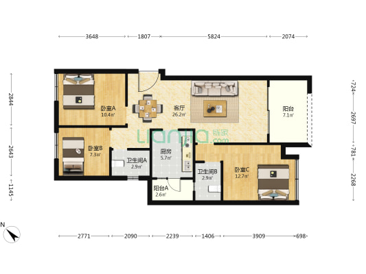 翰林天府 3室1厅2卫 88平方
