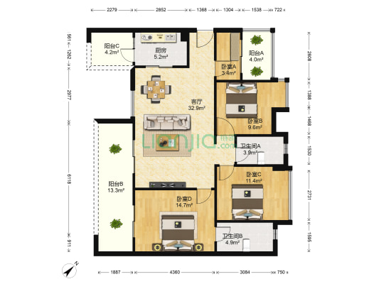雍景苑 4室1厅2卫 126平方