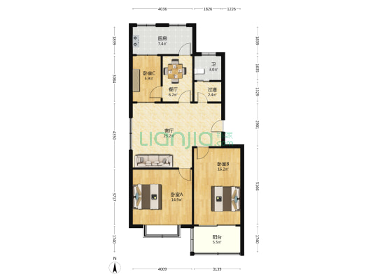 西贾新村 3室2厅1卫 107平方