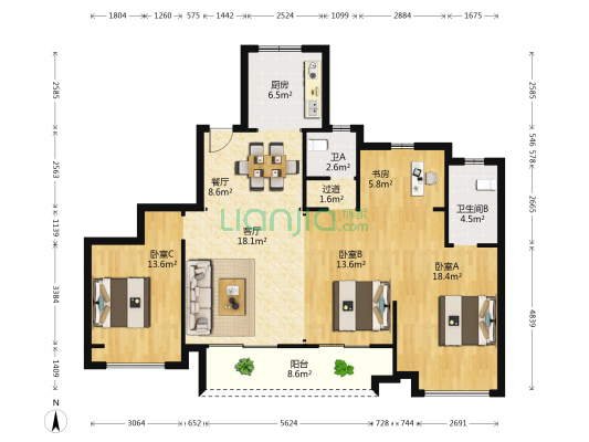 绿地智谷公寓 4室2厅2卫 143平方