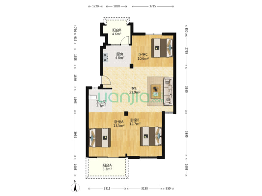 阳光美地 3室1厅1卫 133平方