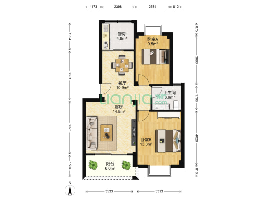 东方新城三区 2室2厅1卫 77平方