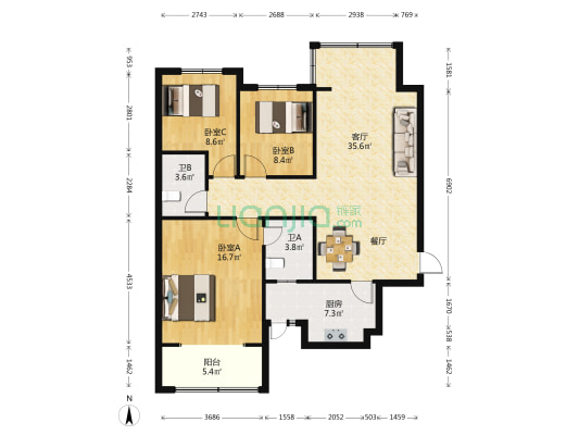 帝景国际 3室1厅2卫 128平方