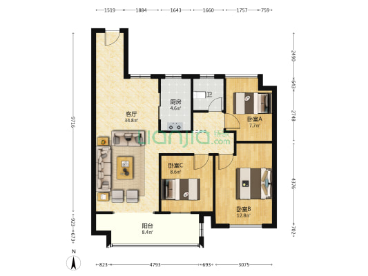 欧帆当代城B区 3室1厅1卫 104平方