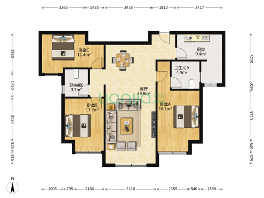 银河国际B区 3室1厅2卫 124平方