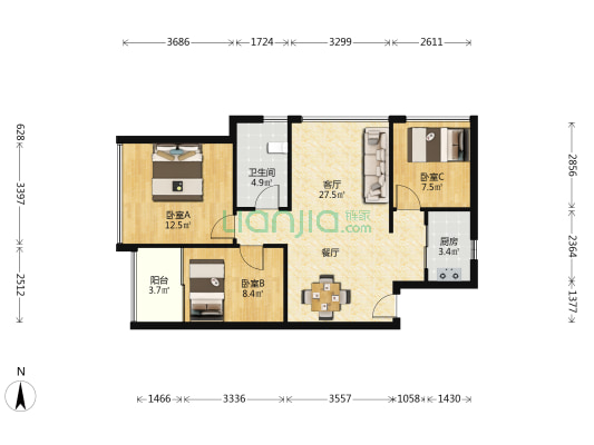 正东名苑 3室1厅1卫 89平方
