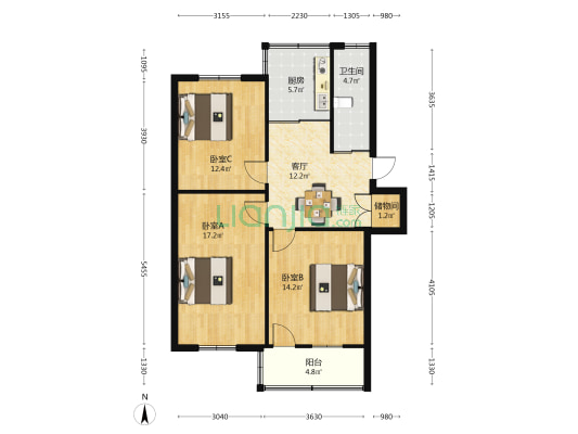 食品学院宿舍 3室1厅1卫 80平方