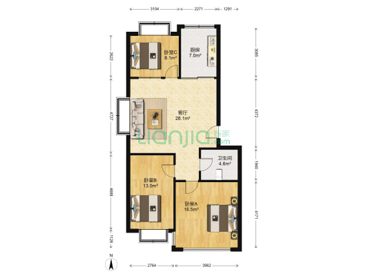 翰林晨苑 3室1厅1卫 95平方