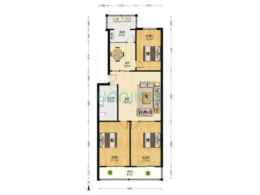 乐新小区 3室2厅1卫 131平方