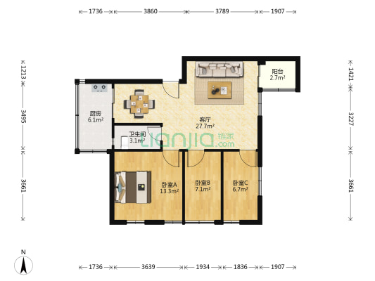 大石建行大楼 3室1厅1卫 81平方