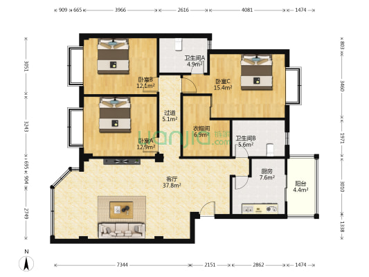 绿城花园 3室1厅2卫 128平方