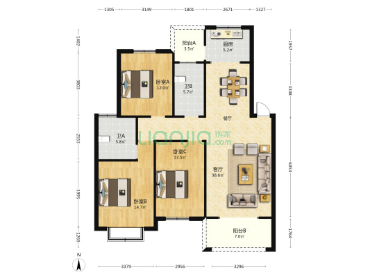 红枫佳园 3室1厅2卫 122平方