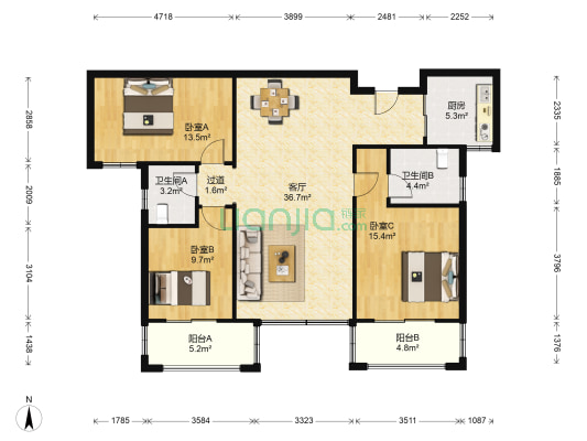 八方小区B区 3室1厅2卫 126平方