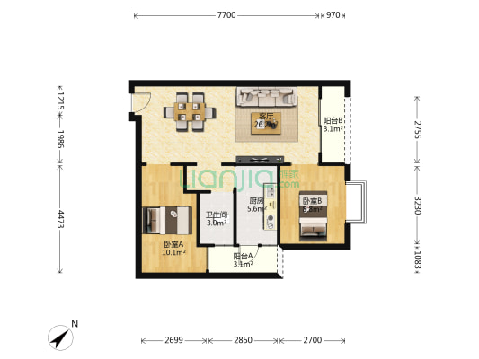 誉峰峰景 2室1厅1卫 75平方